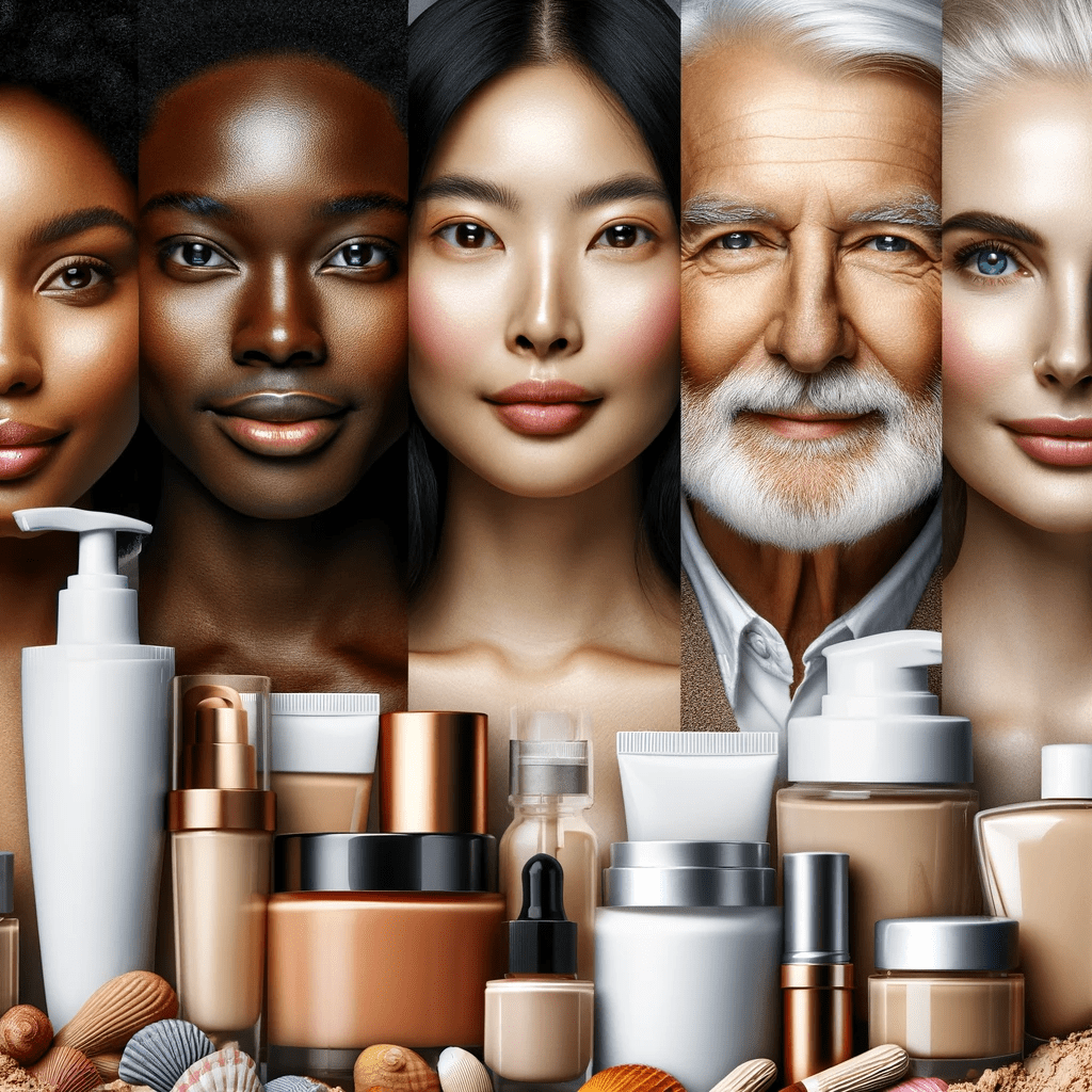 a diverse range of people with different skin types, alongside various cosmetic products, symbolizing the inclusivity and personalization in cosmetic formulations.